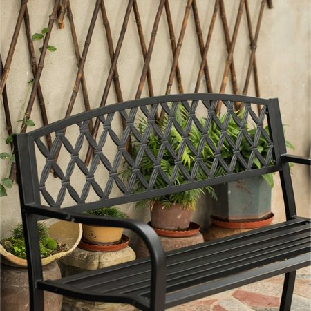 Gardenised Gardenised Black Outdoor Garden Patio Steel Park Bench Lawn Decor with Cast Iron Back Seating bench, with Backrest and Armrest for Yard, Patio, Garden, Balcony, and Deck QI004258
